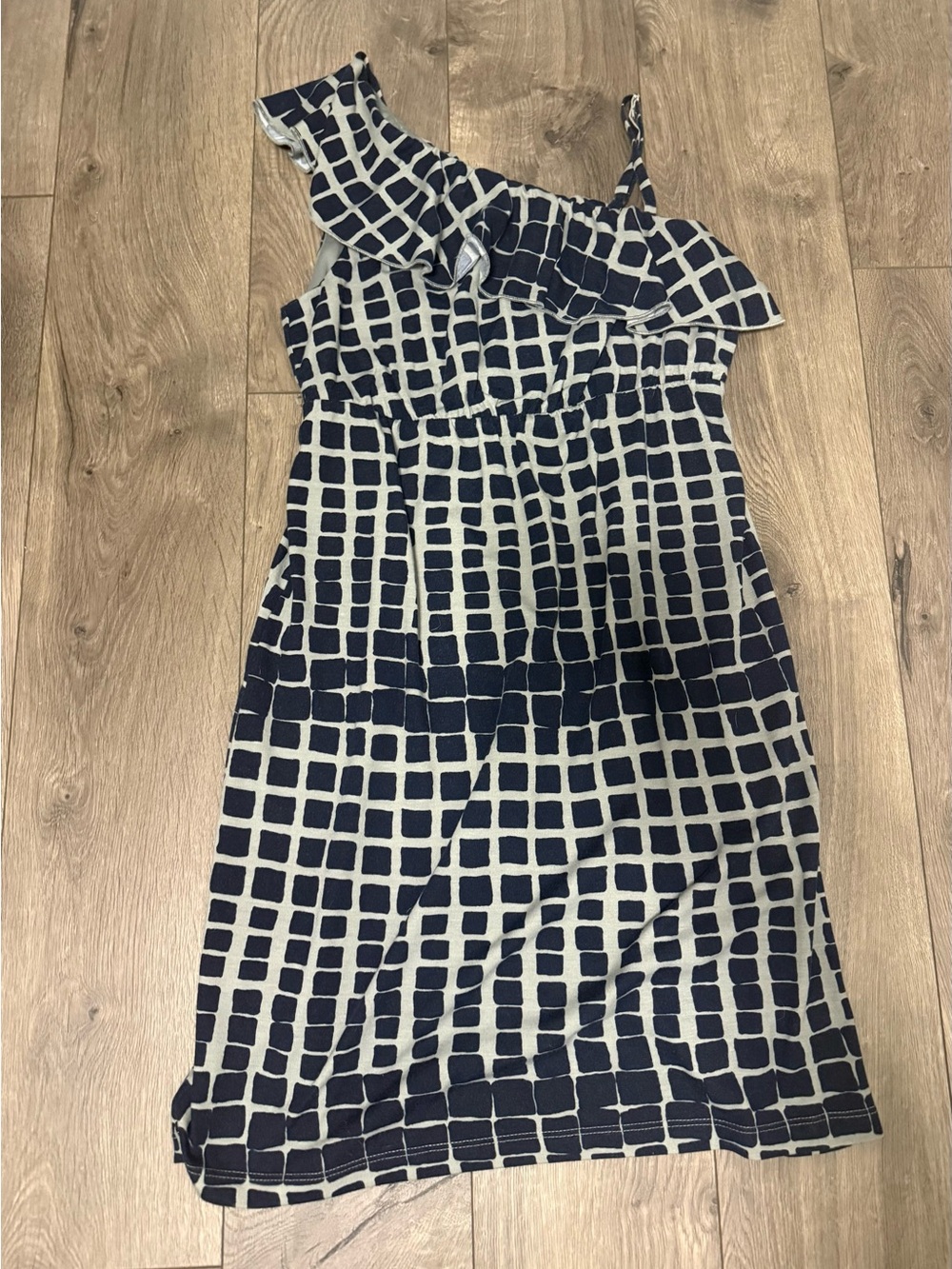 6 degrees Navy and White One-Shoulder Grid-Print Dress with Ruffle